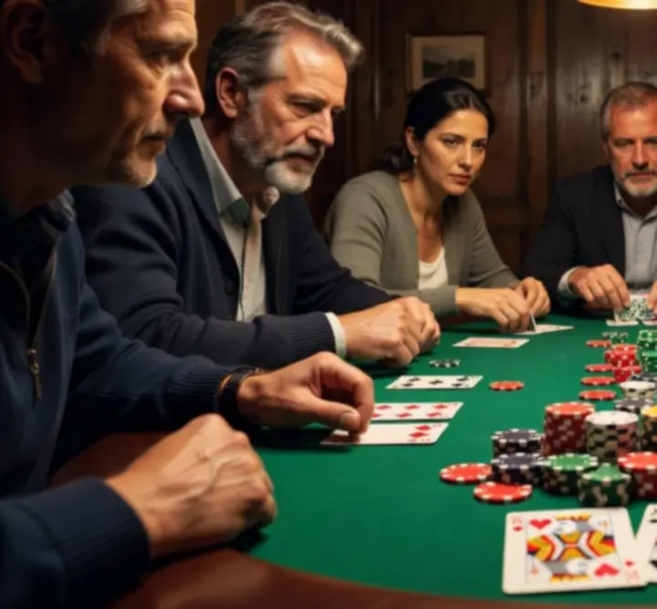 Ambiance chaleureuse de poker sans alcool avec des participants concentrés autour d'une table