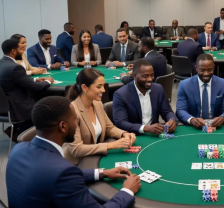 Vue d'ensemble d'une grande salle d'entreprise aménagée pour un événement poker