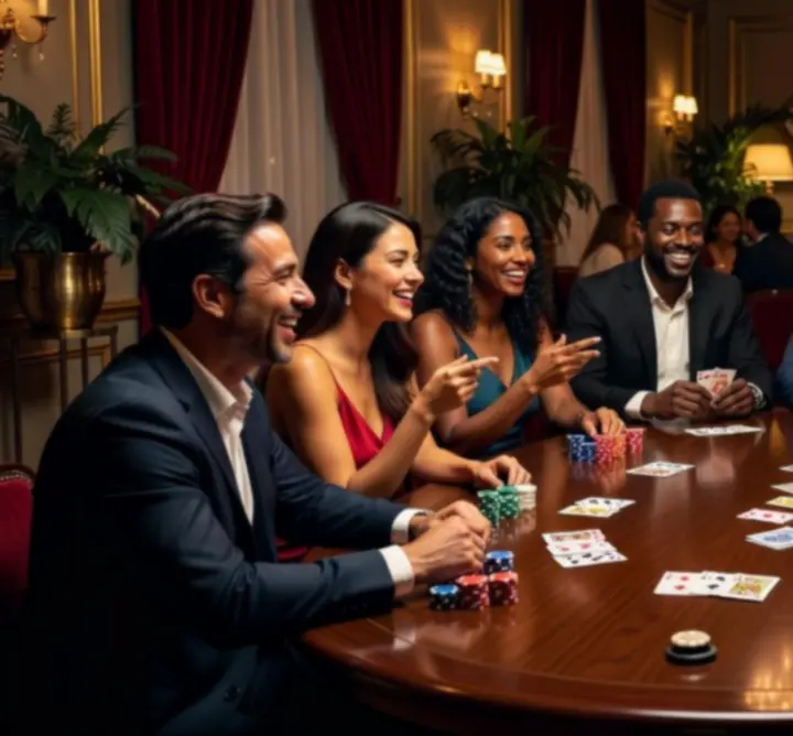 Groupe d'invités réunis autour d'une table de poker lors d'un événement convivial