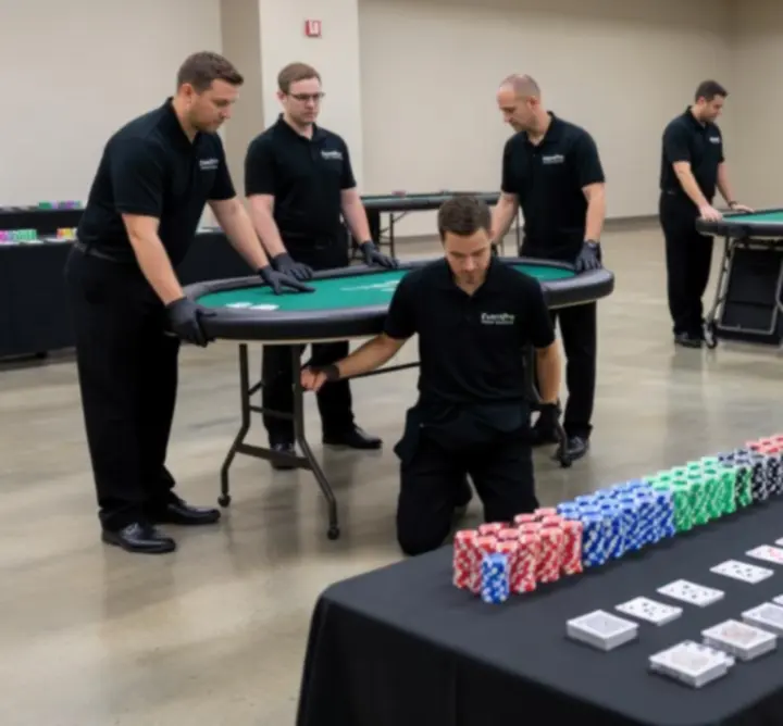 Installation professionnelle du matériel de poker avant un événement