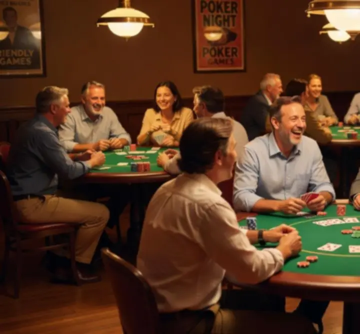 Salle de poker conviviale avec table de jeu et ambiance chaleureuse.